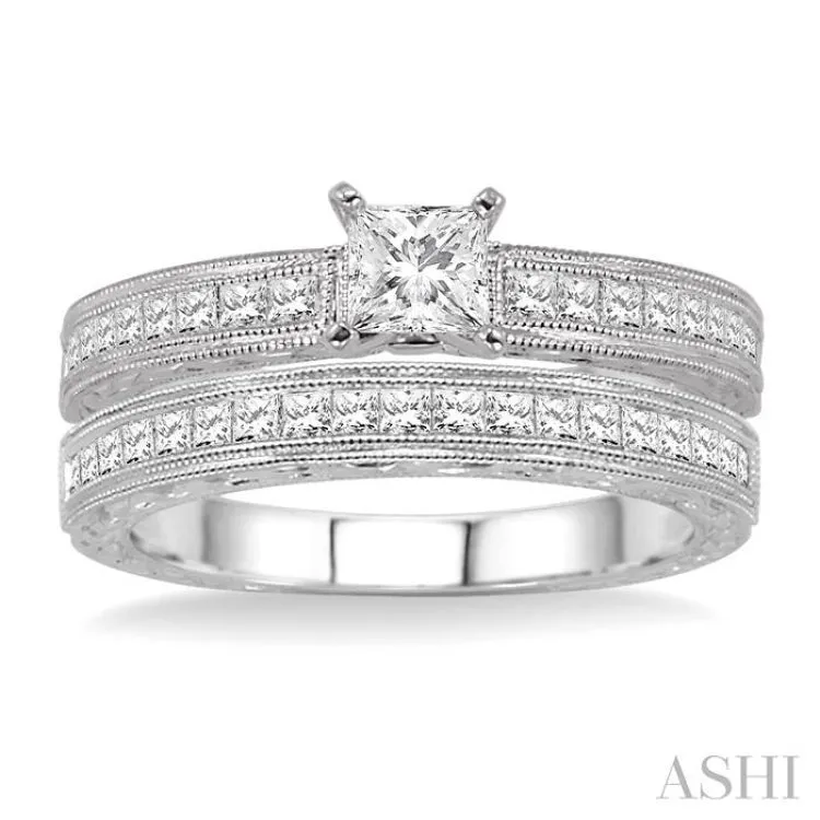 1 1/10 Ctw Diamond Wedding Set with 3/4 Ctw Princess Cut Engagement Ring and 1/3 Ctw Wedding Band in 14K White Gold