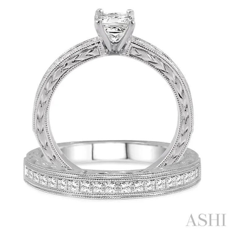 1 1/10 Ctw Diamond Wedding Set with 3/4 Ctw Princess Cut Engagement Ring and 1/3 Ctw Wedding Band in 14K White Gold