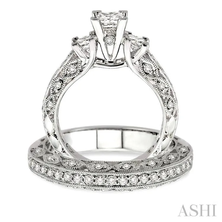 1 1/10 Ctw Diamond Wedding Set with 7/8 Ctw Princess Cut Engagement Ring and 1/4 Ctw Wedding Band in 14K White Gold