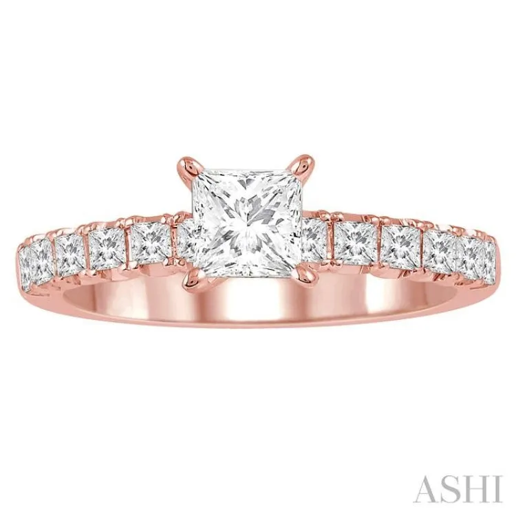 1 Ctw Endless Embrace Princess Cut Diamond Ladies Engagement Ring with 1/2 Ct Princess Cut Center Stone in 14K Rose Gold