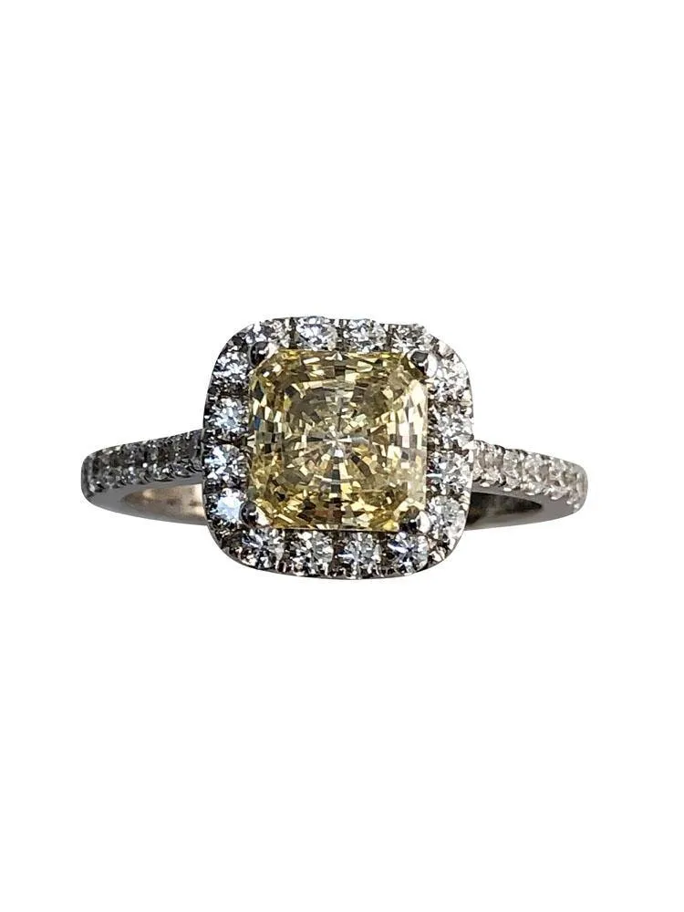 1.25 LIGHT CANARY PRINCESS CUT CZ  HALO STYLE ENGAGEMENT RING