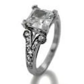 1.25 Princess Cut Center Antique Style Pave Set Cubic Zirconia Engagement 14K White Gold Ring