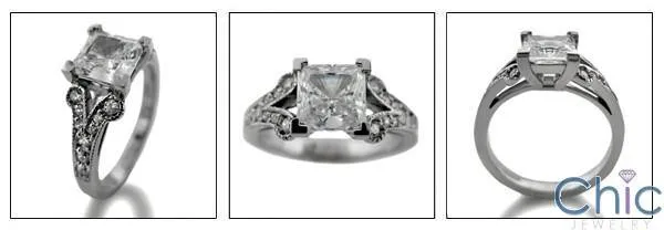 1.25 Princess Cut Center Antique Style Pave Set Cubic Zirconia Engagement 14K White Gold Ring