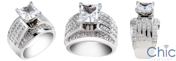 2.5 Princess Cut Cubic Zirconia Center 15mm Wide Channel Set Shank 14K White Gold CZ Engagement Ring