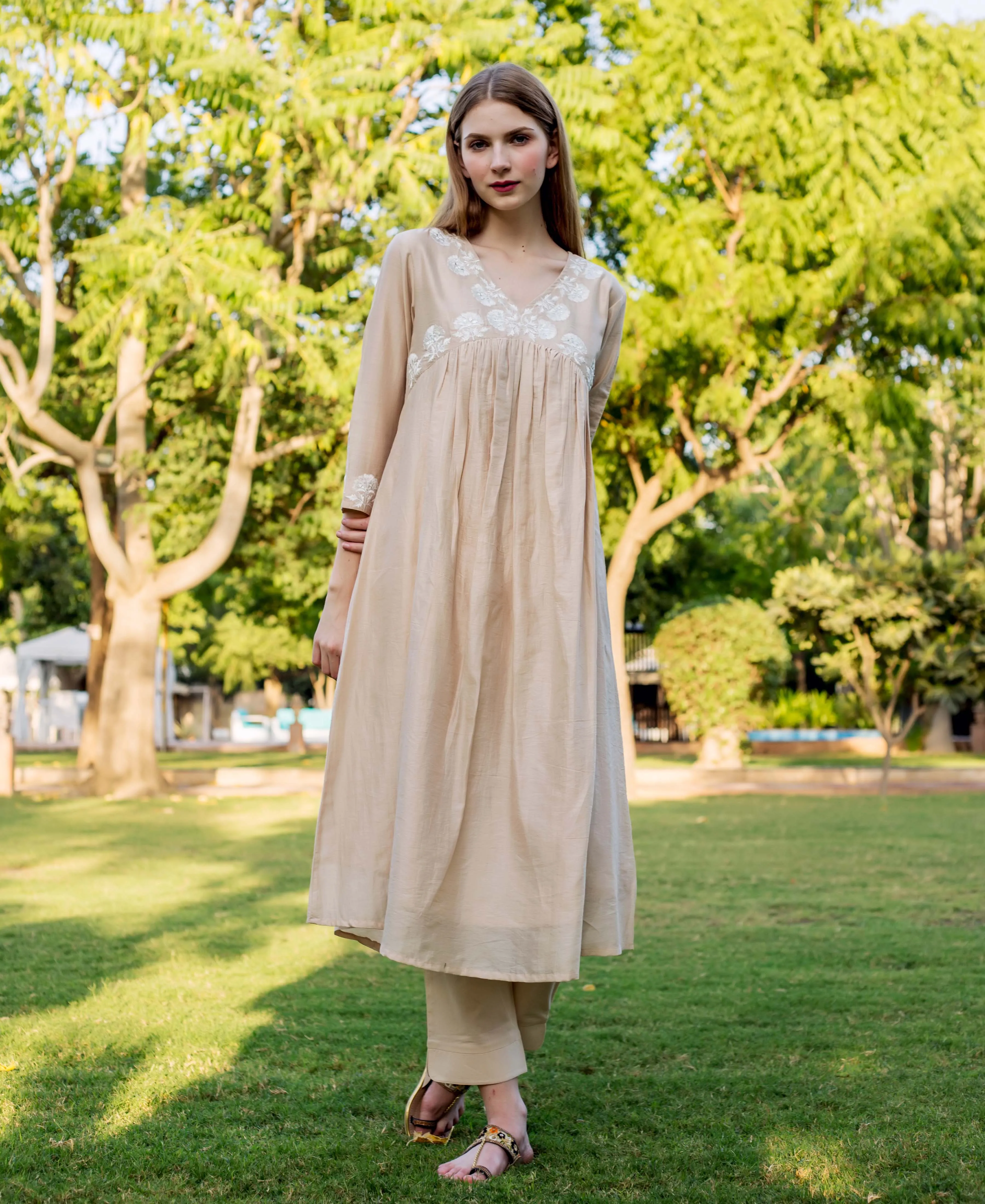 Aanandita Beige Chanderi Embroidered  Kurta