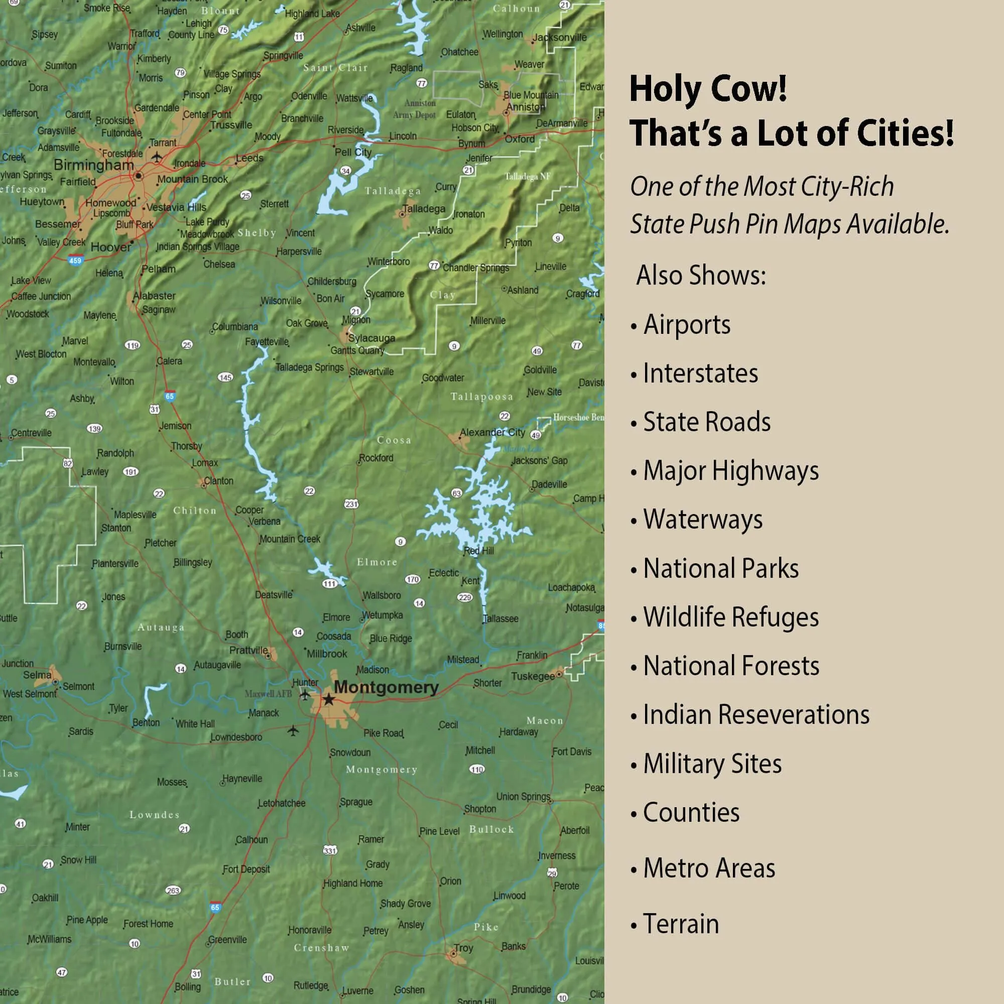 Alabama Push Pin Terrain State Map