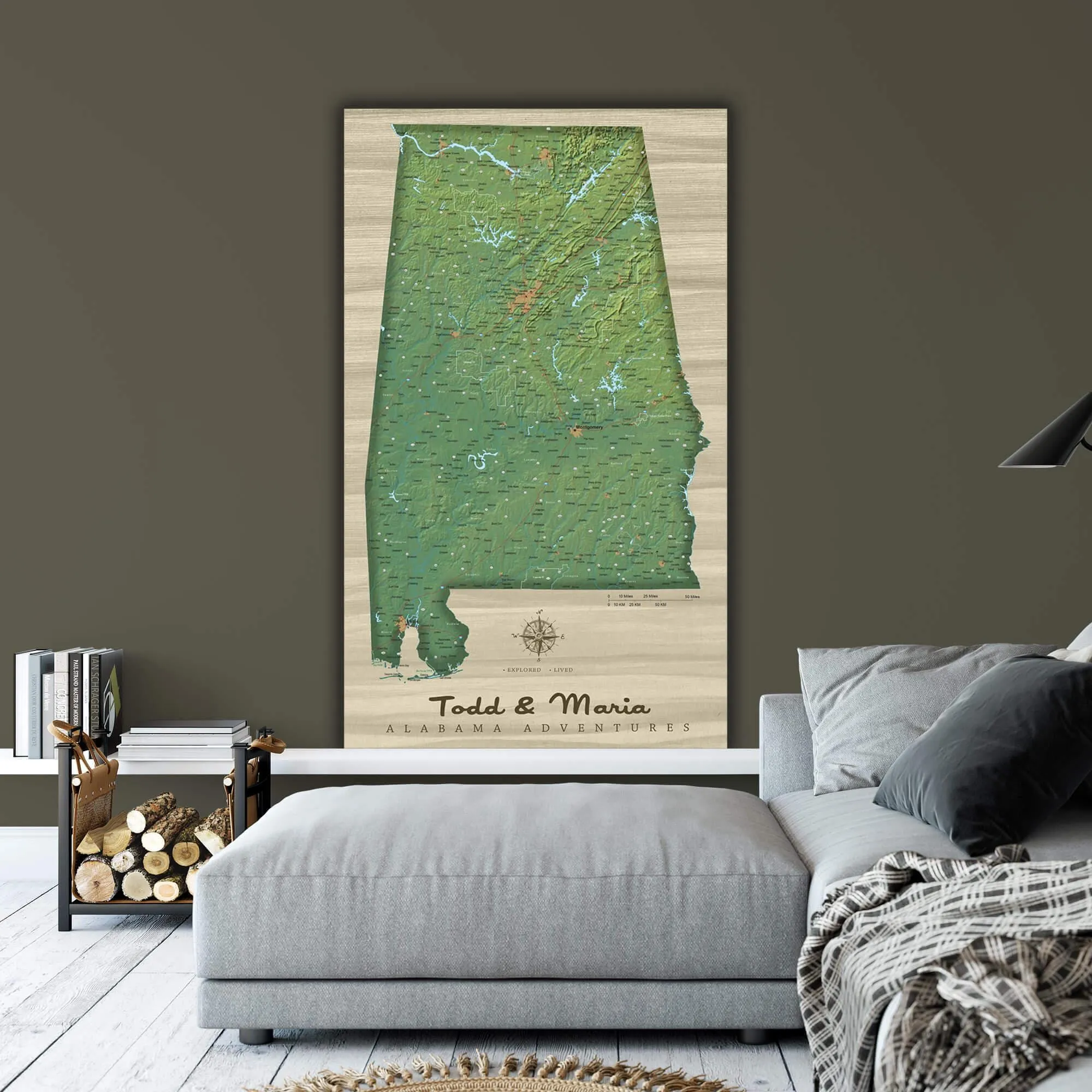 Alabama Push Pin Terrain State Map