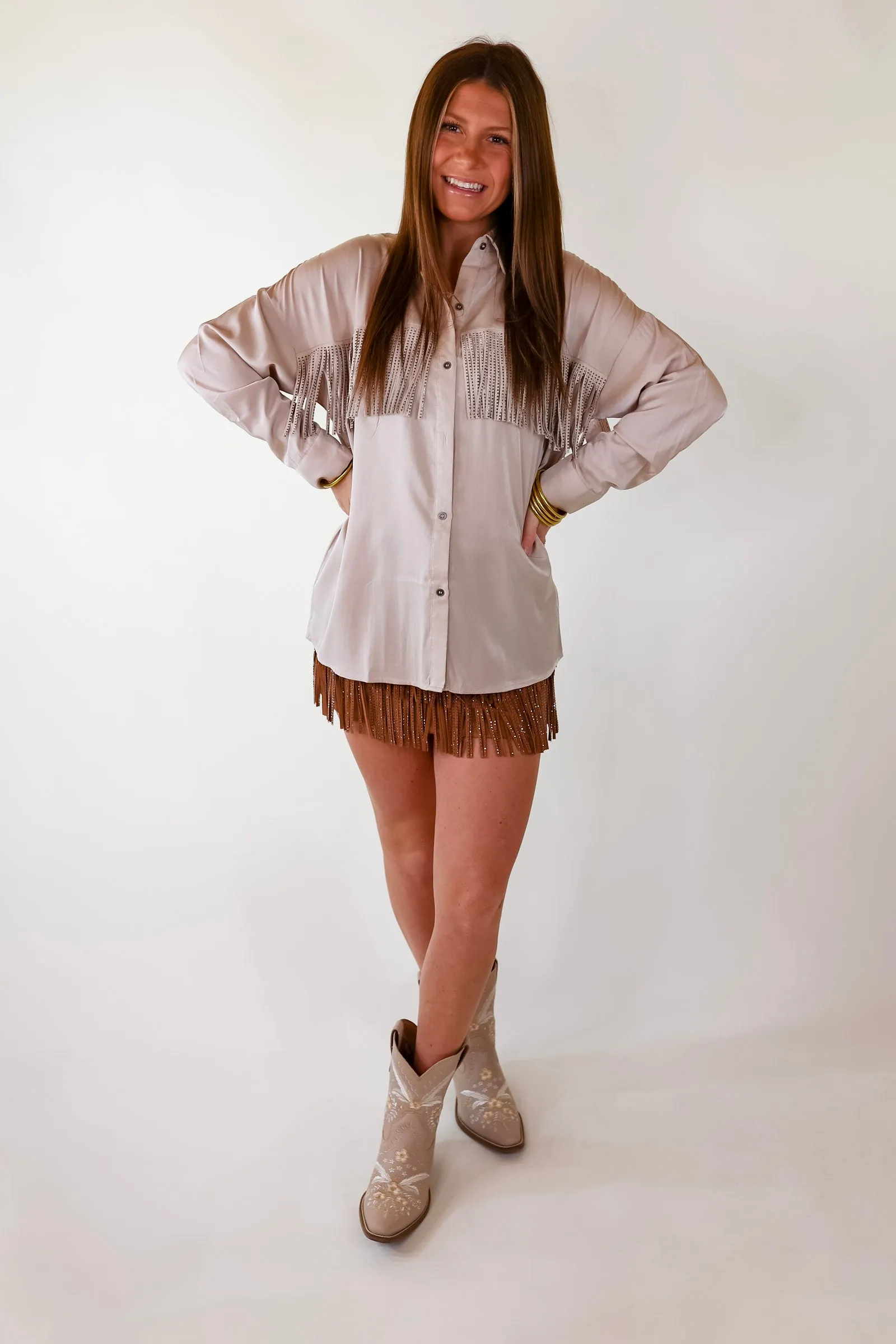 All That Shimmers Crystal Fringe Button Up Top with Long Sleeves in Champagne