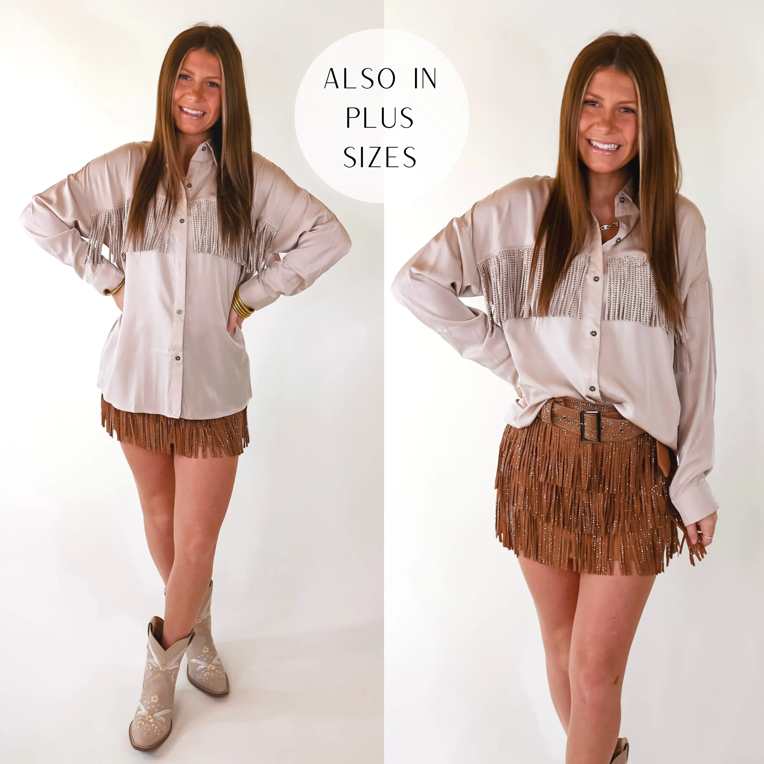 All That Shimmers Crystal Fringe Button Up Top with Long Sleeves in Champagne