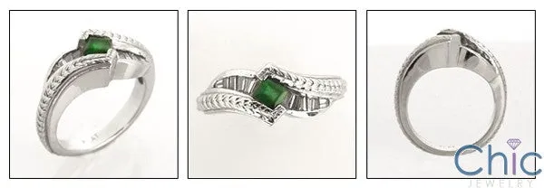 Anniversary Green Emerald Princess Baguettes in Channel Cubic Zirconia Cz Ring