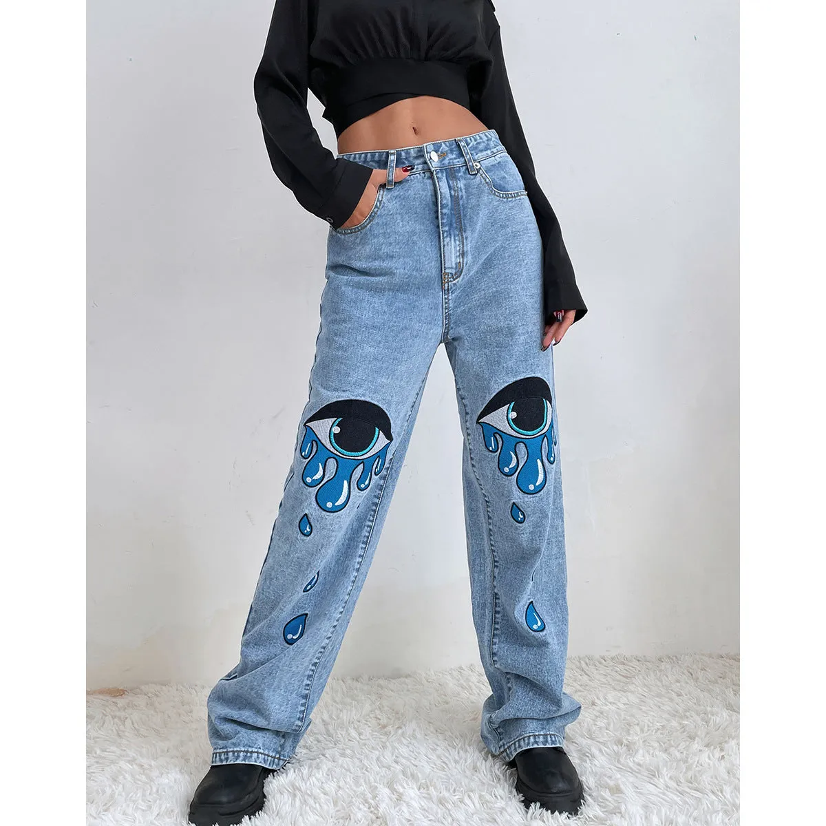 Babes Personality Print Straight Jeans