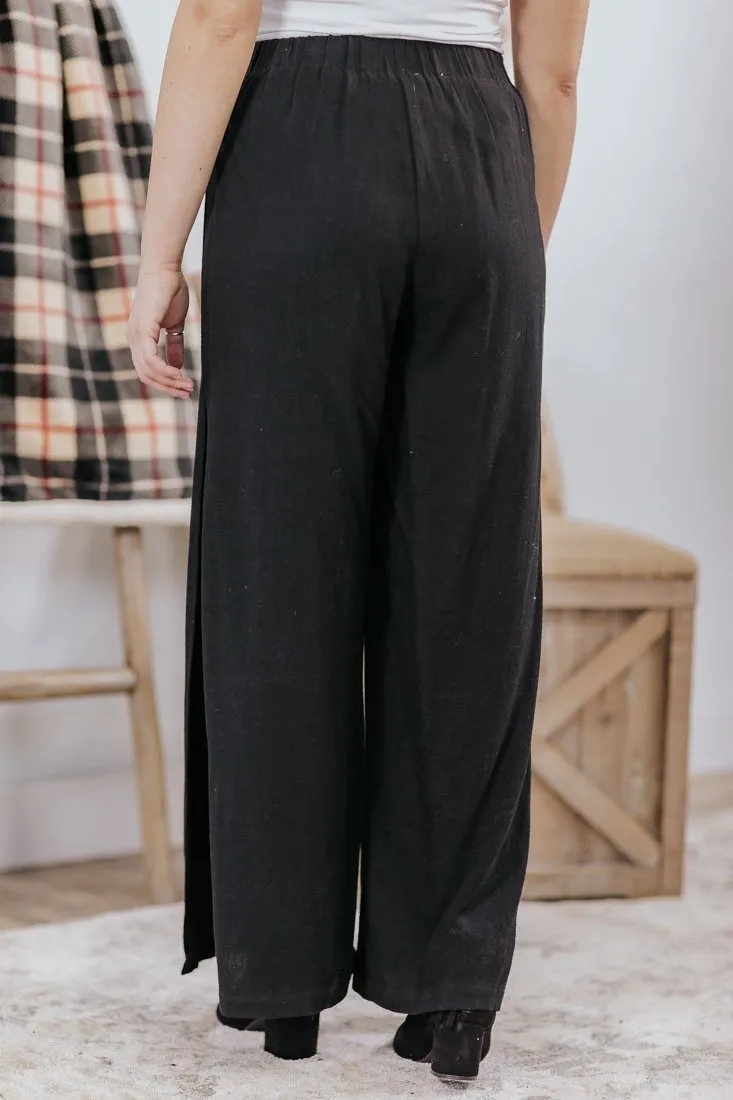 Better Days Ahead Wide Leg Side Slit Tie Elastic Waist Pants in Black