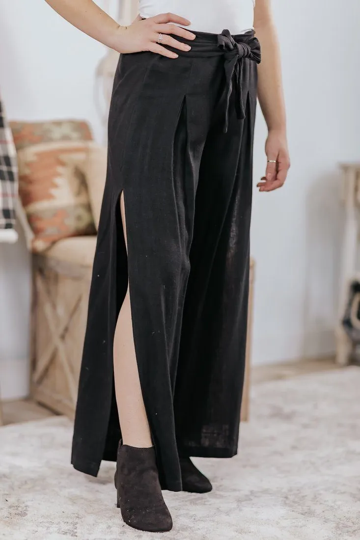 Better Days Ahead Wide Leg Side Slit Tie Elastic Waist Pants in Black