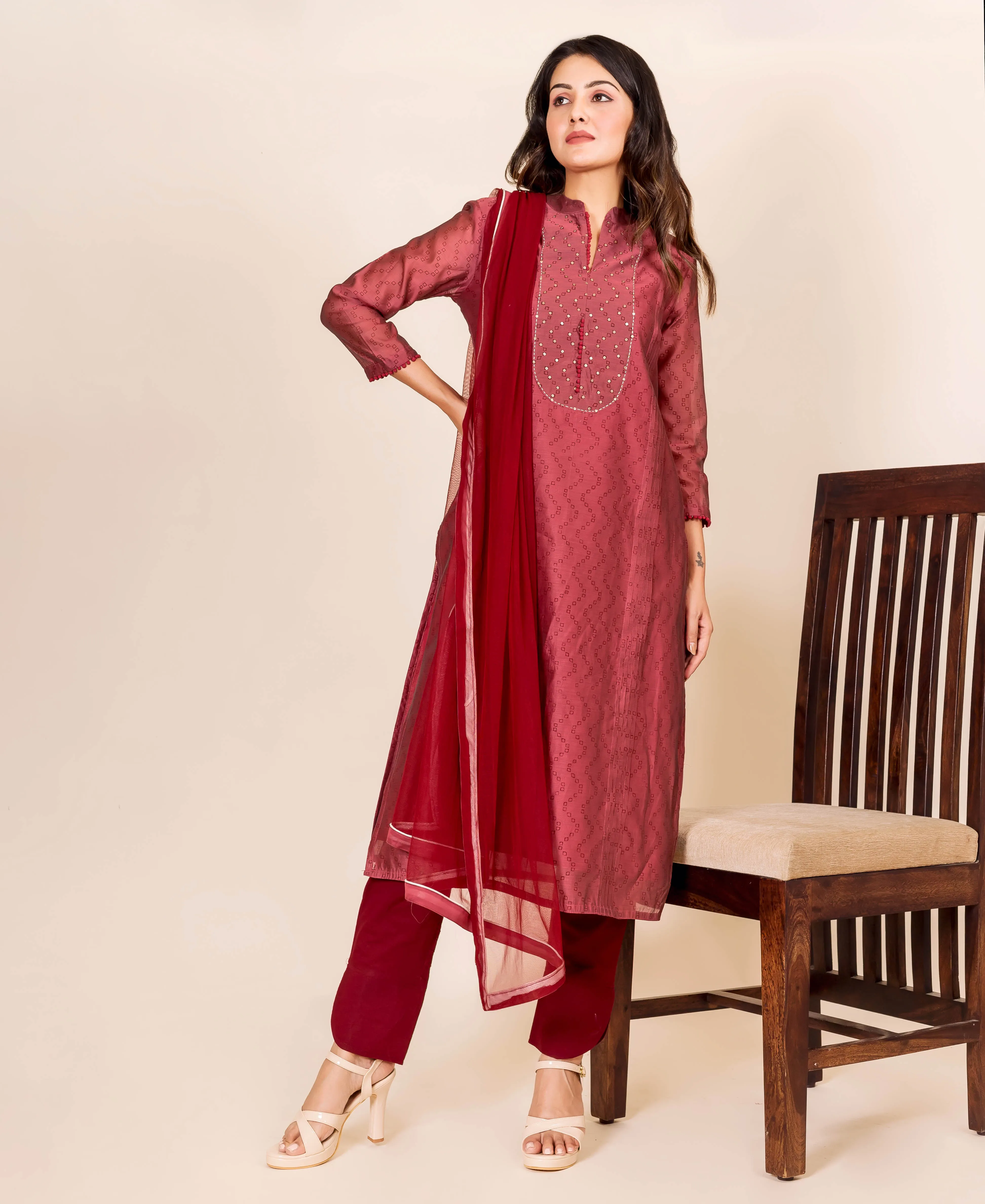 Burgundy Bandhej Printed and Embroidered Kurta