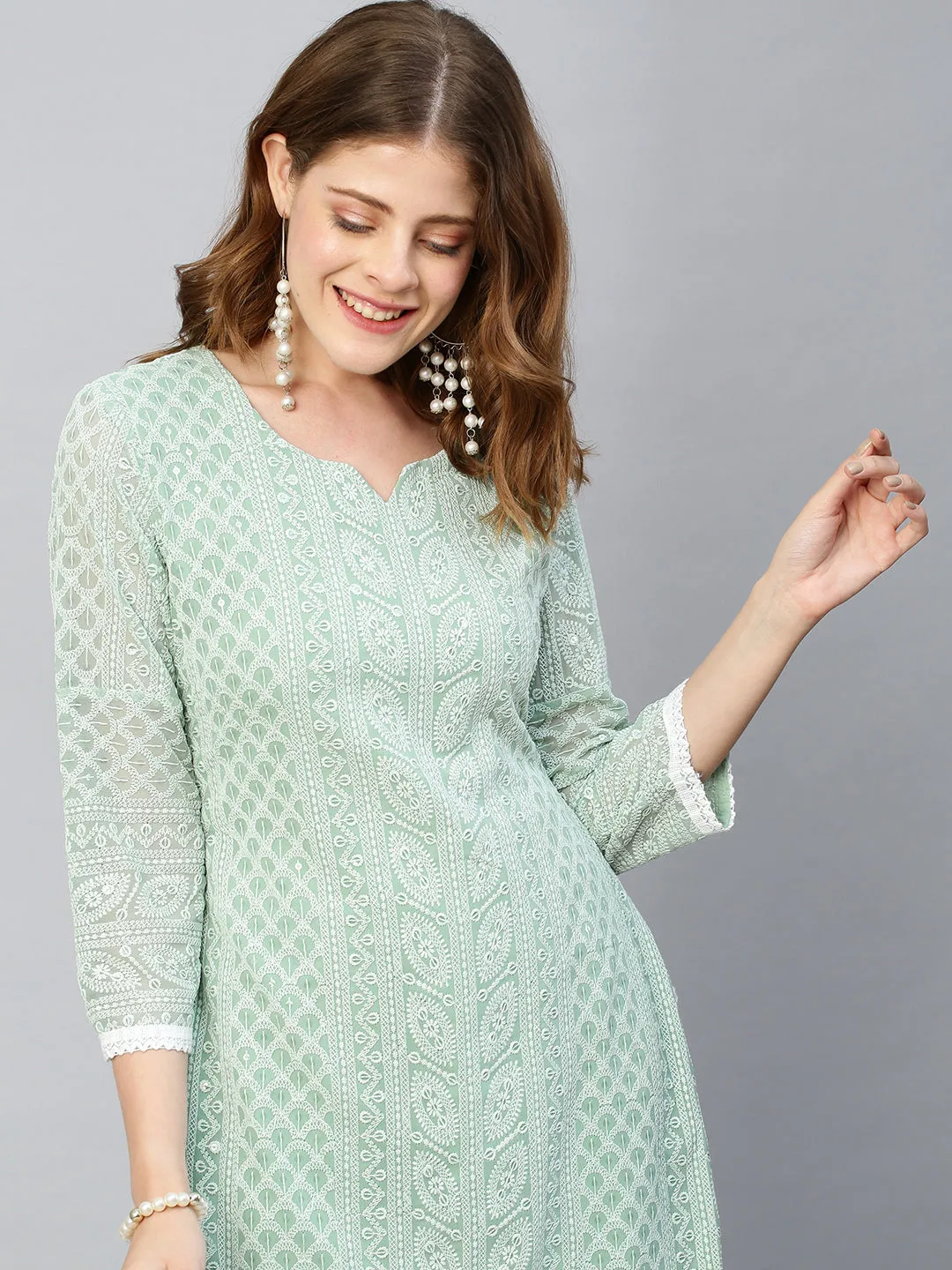 Chikankari Embroidered Straight Fit Kurta - Pastel Green