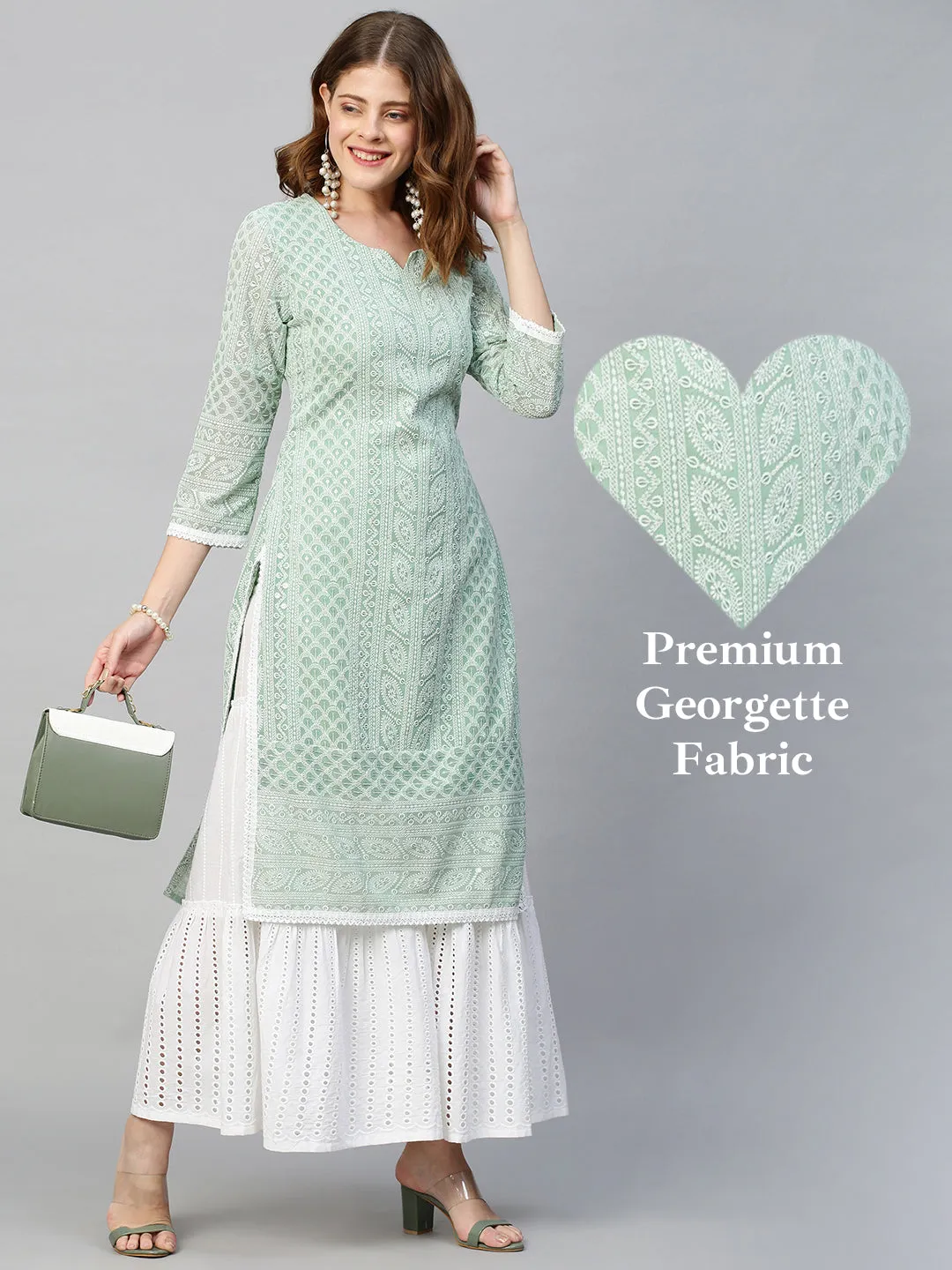 Chikankari Embroidered Straight Fit Kurta - Pastel Green