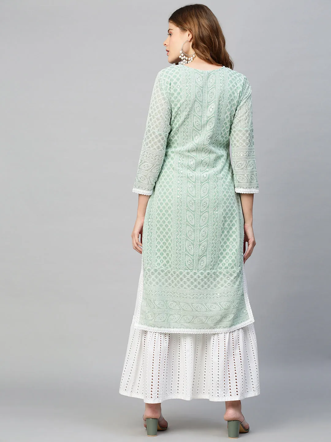 Chikankari Embroidered Straight Fit Kurta - Pastel Green