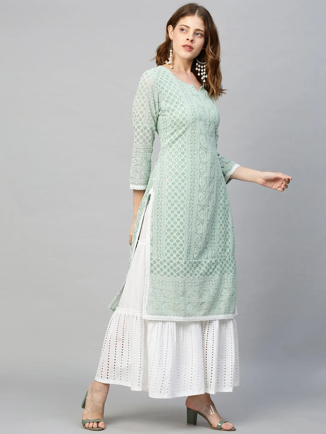 Chikankari Embroidered Straight Fit Kurta - Pastel Green