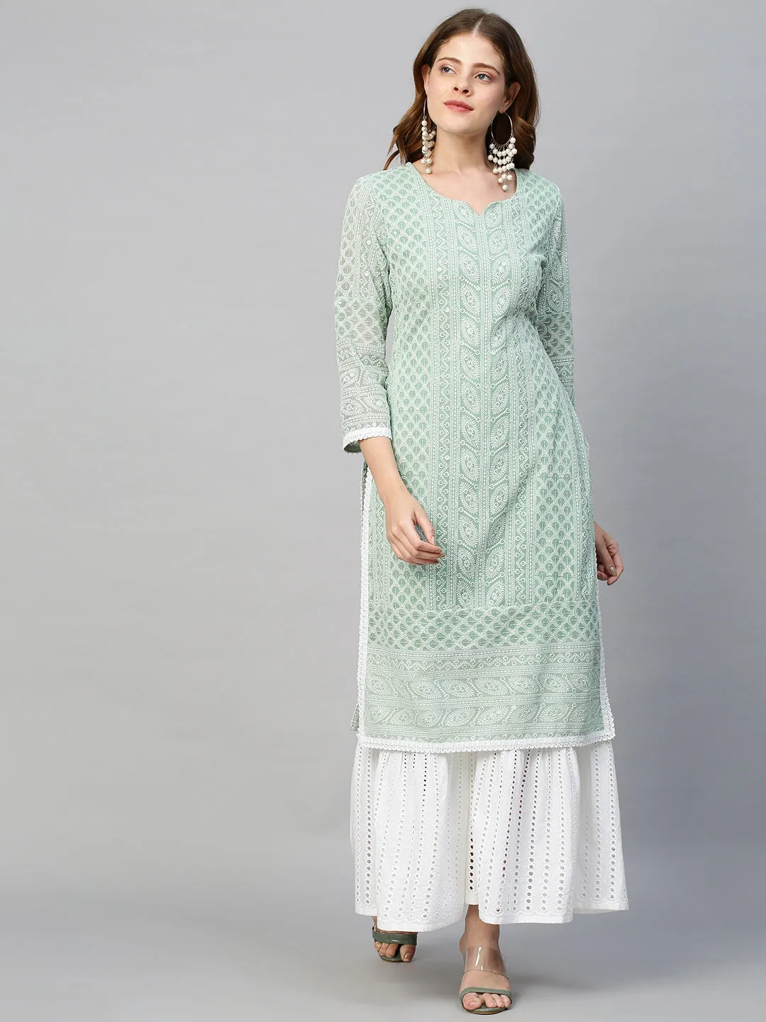 Chikankari Embroidered Straight Fit Kurta - Pastel Green