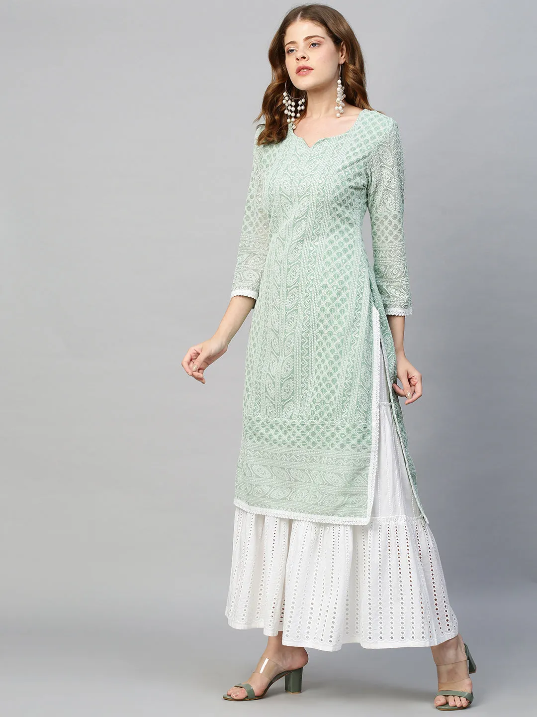 Chikankari Embroidered Straight Fit Kurta - Pastel Green