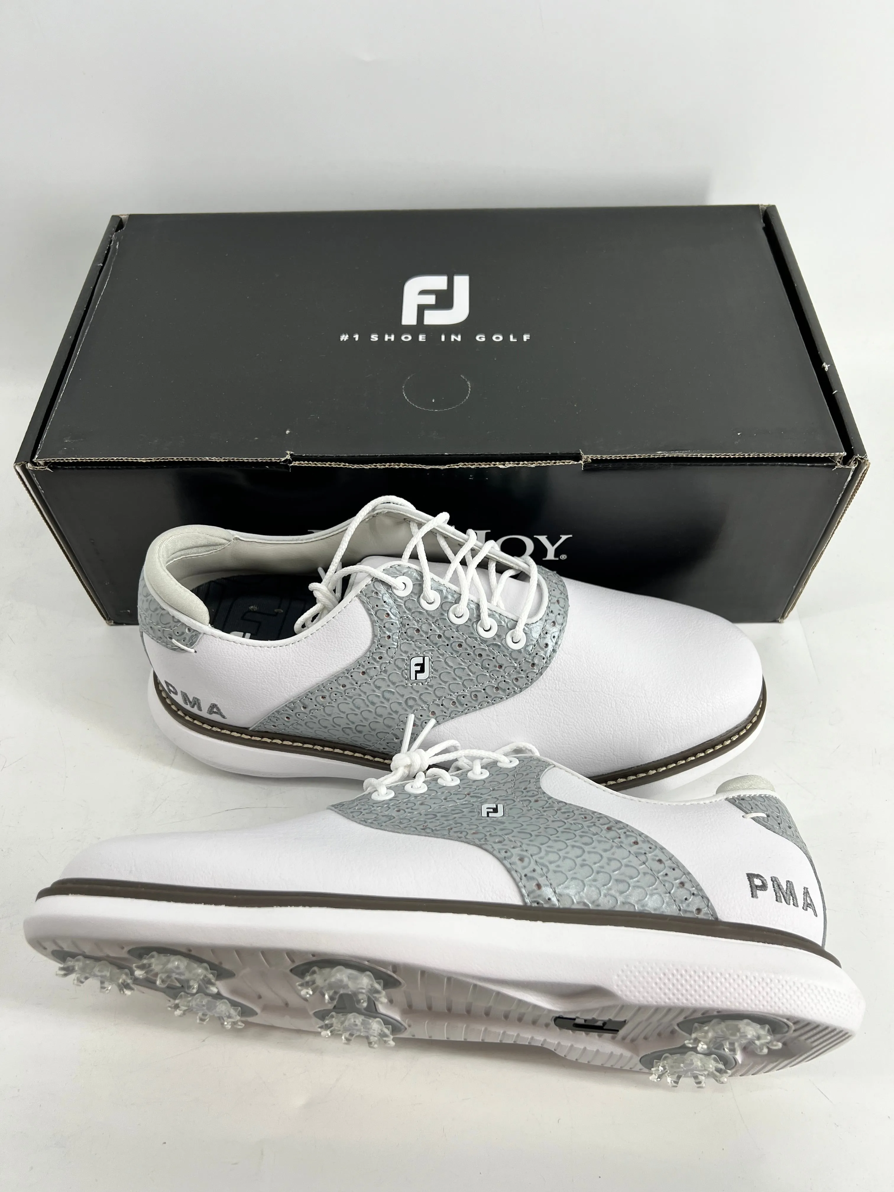 Footjoy Myjoys Traditions Series Golf Shoes PMA Logo White Silver 8 Medium M