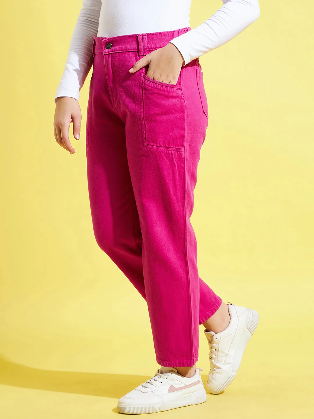 Girls Fuchsia Front Pocket Straight Jeans