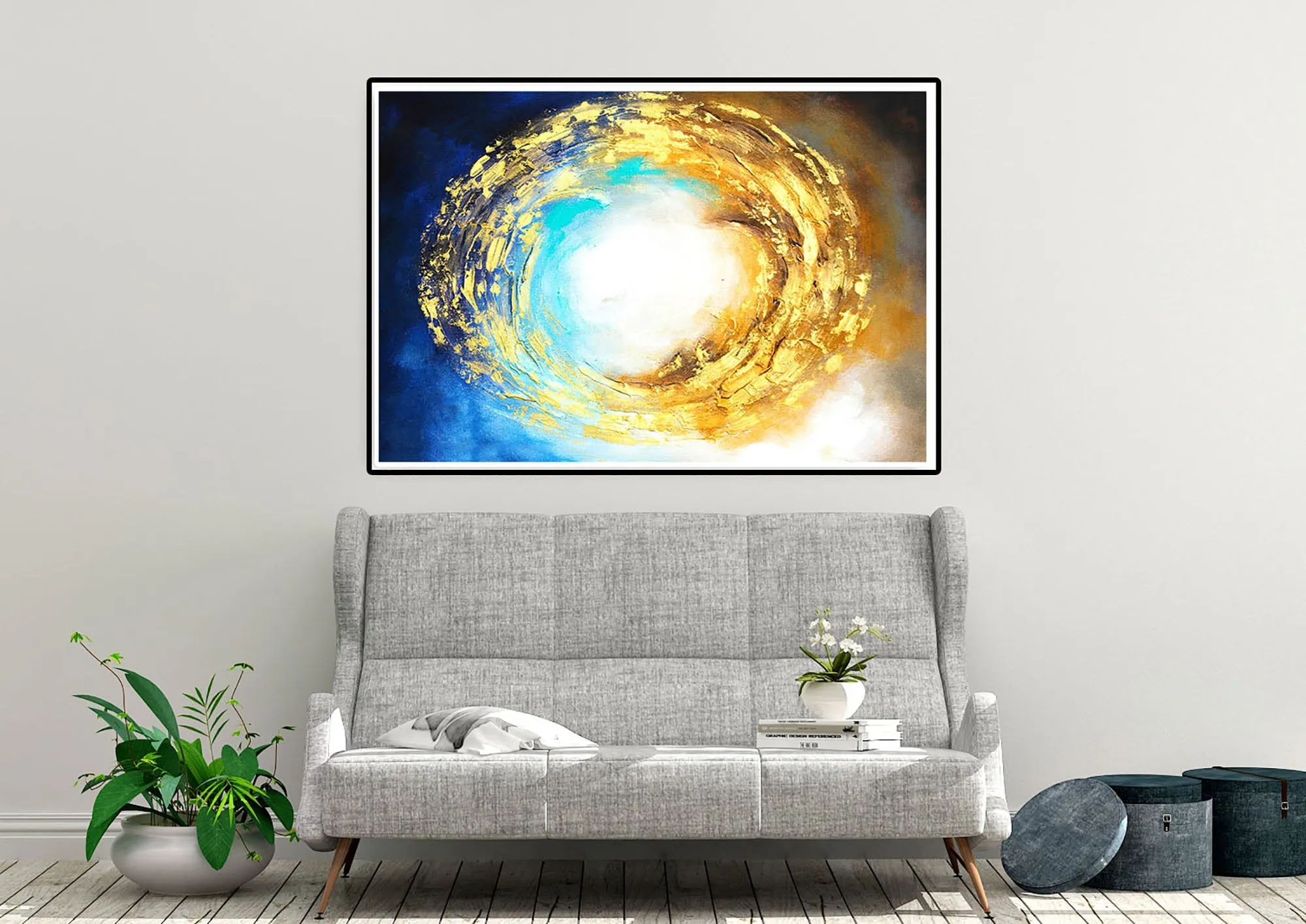 Gold Blue White Sea Abstract Painting Contemporary Art Kp072