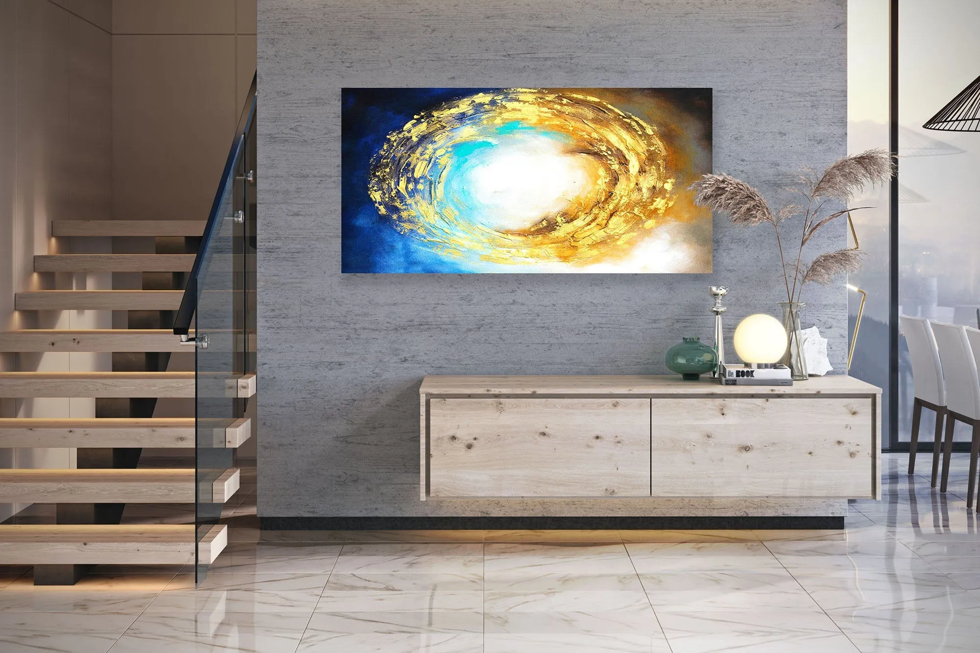 Gold Blue White Sea Abstract Painting Contemporary Art Kp072