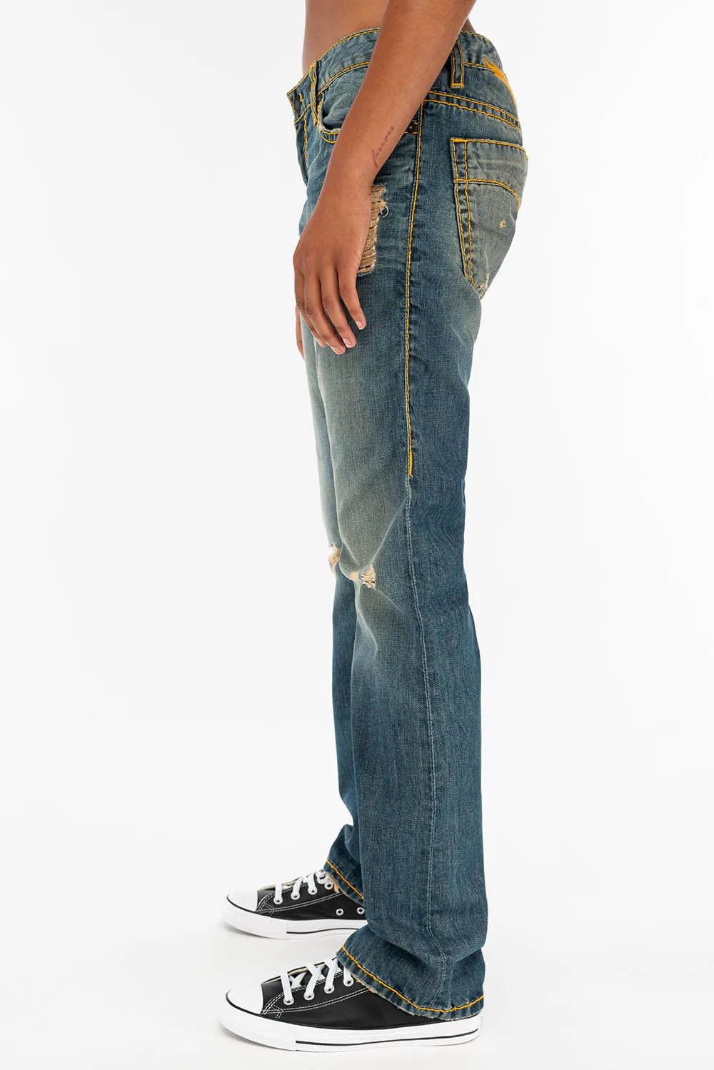 HEAVY ORANGE STITCH STRAIGHT LEG JEANS IN DESTROY VINTAGE BLUE WASH