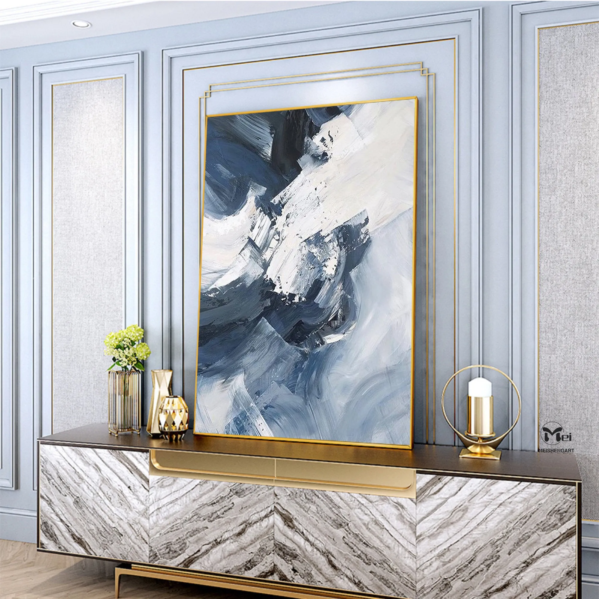 Large Navy Blue Abstract Painting 3D Texture Canvas Abstract Painting Kp009