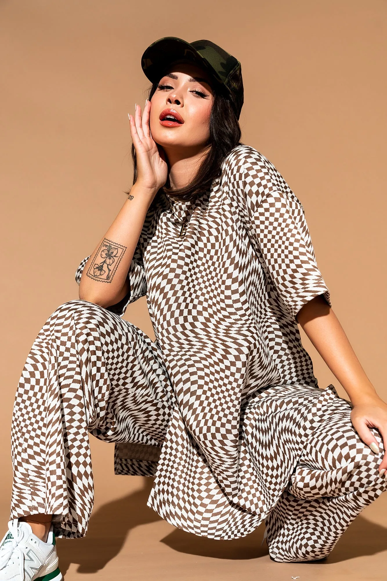 Optimized Title: Stylish Groovy Brown Checker Double Knit Playsuit