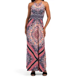 London Times Starburst Medallion Print Keyhole Halter Morris Maxi Dress