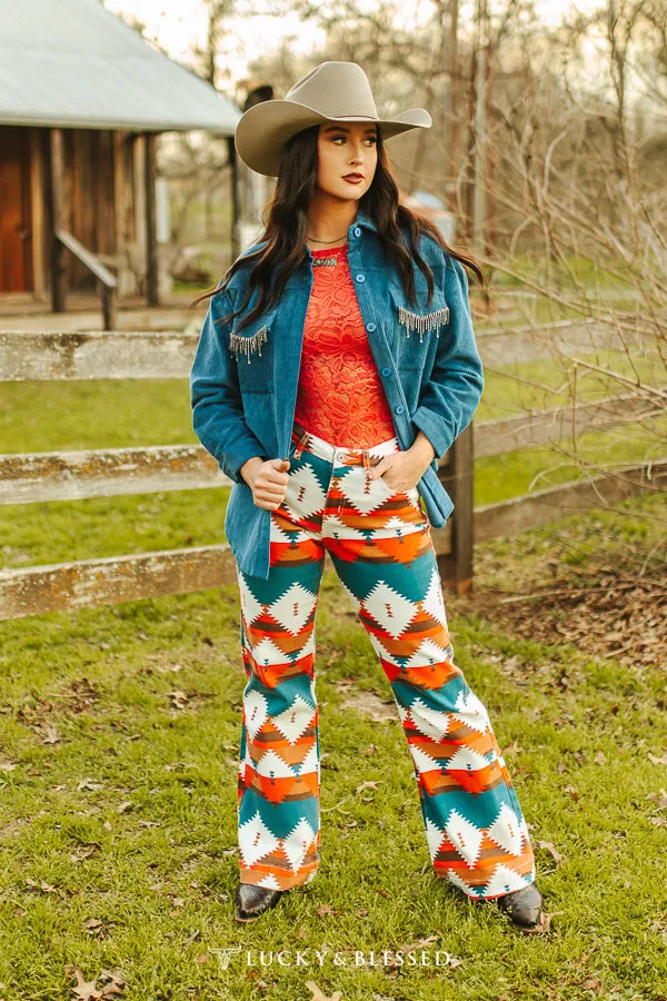 LUCKY AND BLESSED Teal Red Aztec Printed Wide Leg Jeans (Tummy Control)