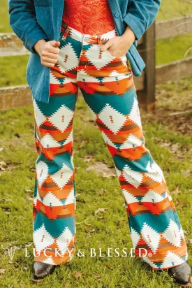 LUCKY AND BLESSED Teal Red Aztec Printed Wide Leg Jeans (Tummy Control)