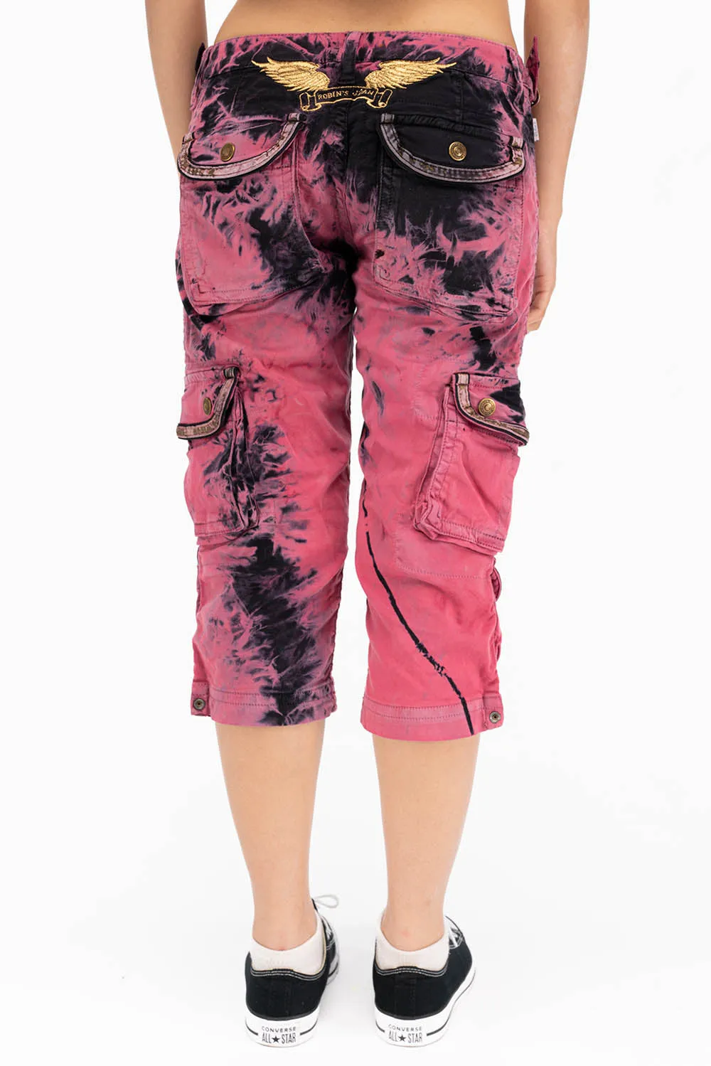 MILITARY STYLE WOMENS CARGO SHORTS IN TYE DYE PINK AND BLACK WASH