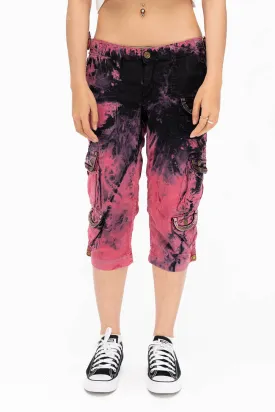 MILITARY STYLE WOMENS CARGO SHORTS IN TYE DYE PINK AND BLACK WASH