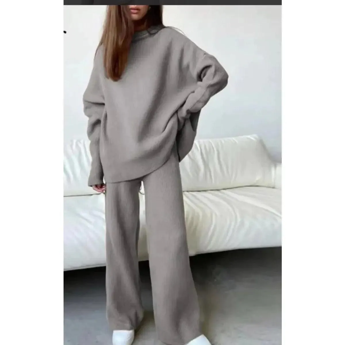 MS005 2 Piece Outfits Knitted  With  Wide Leg Pants Cozy Knit Sweatsuit Sets