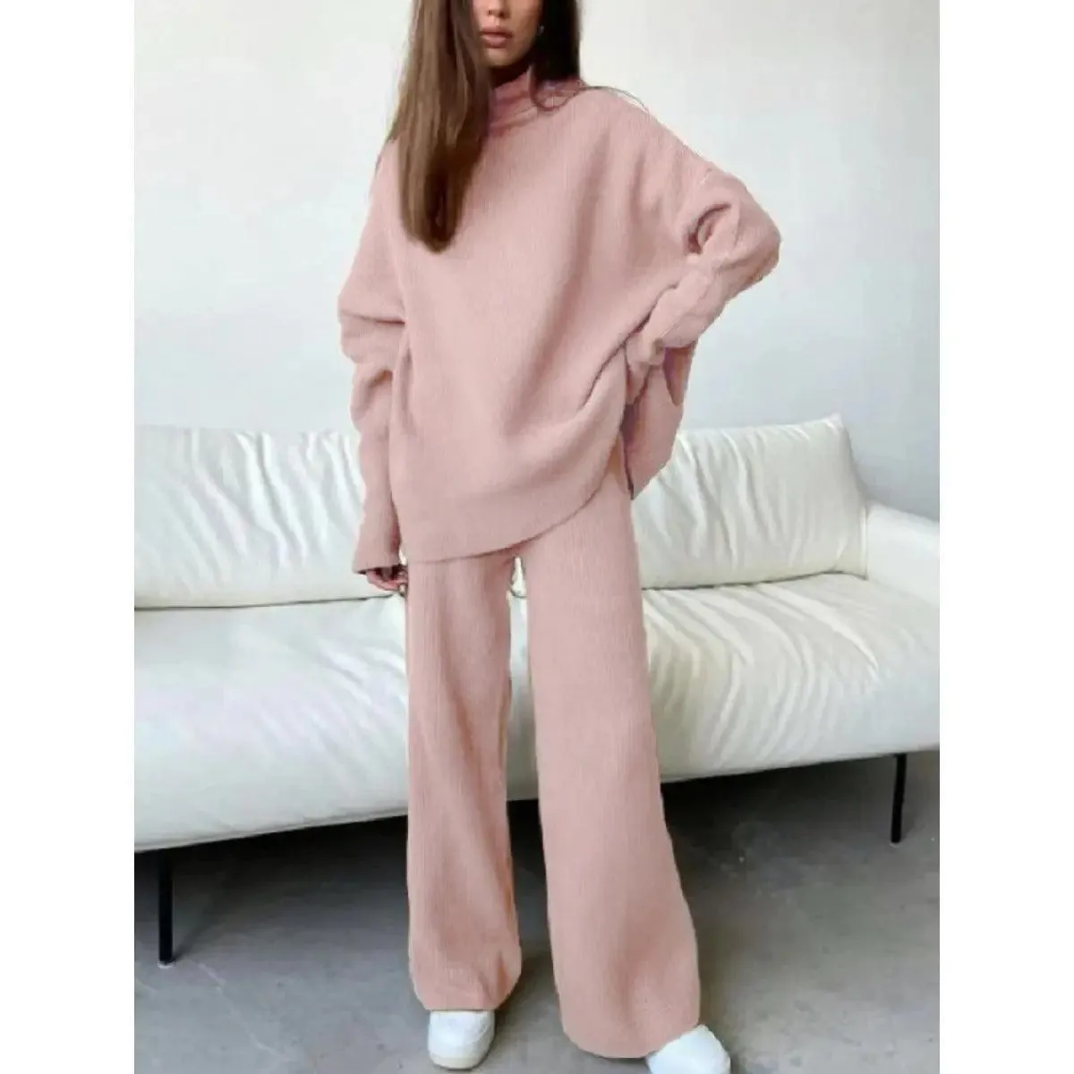 MS005 2 Piece Outfits Knitted  With  Wide Leg Pants Cozy Knit Sweatsuit Sets