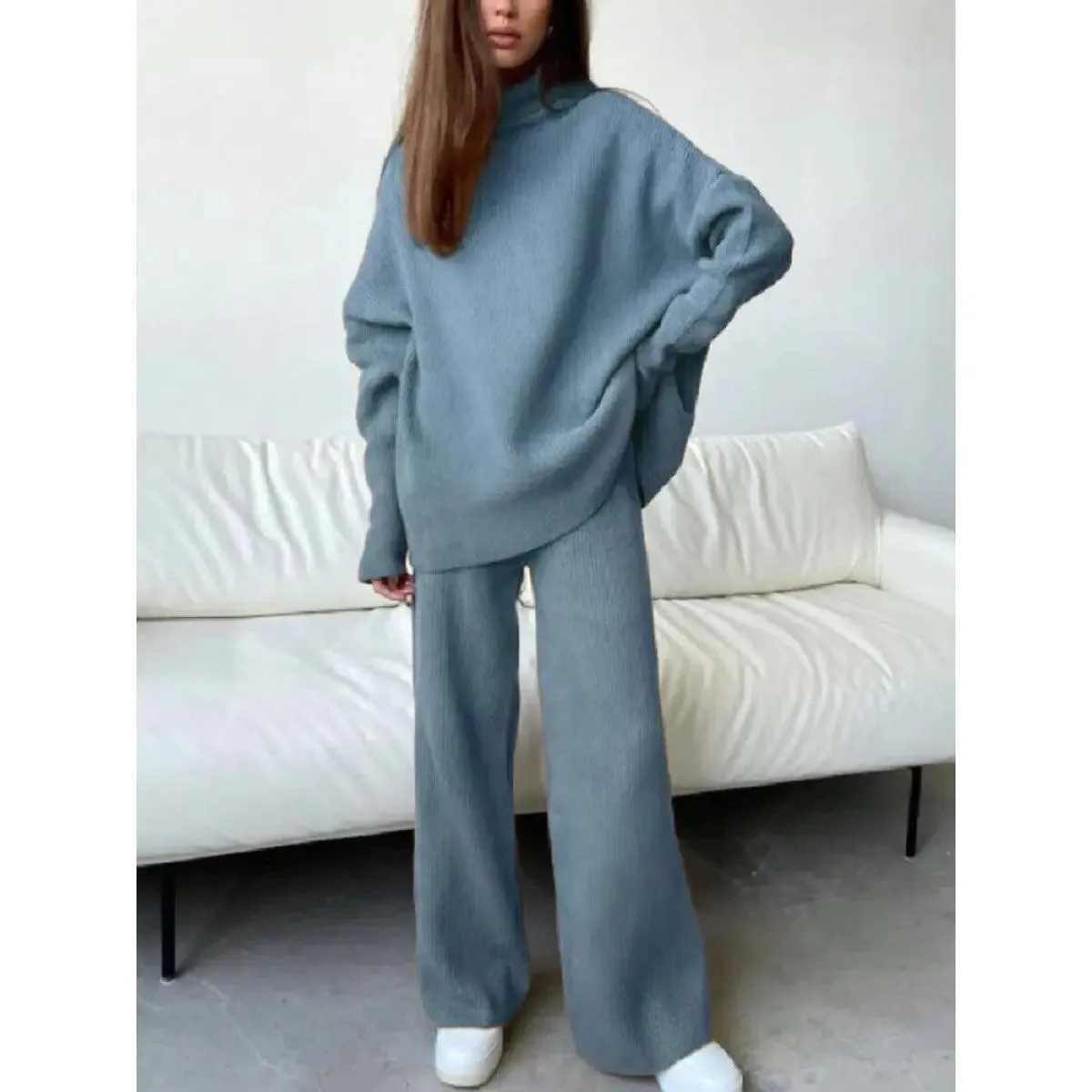 MS005 2 Piece Outfits Knitted  With  Wide Leg Pants Cozy Knit Sweatsuit Sets