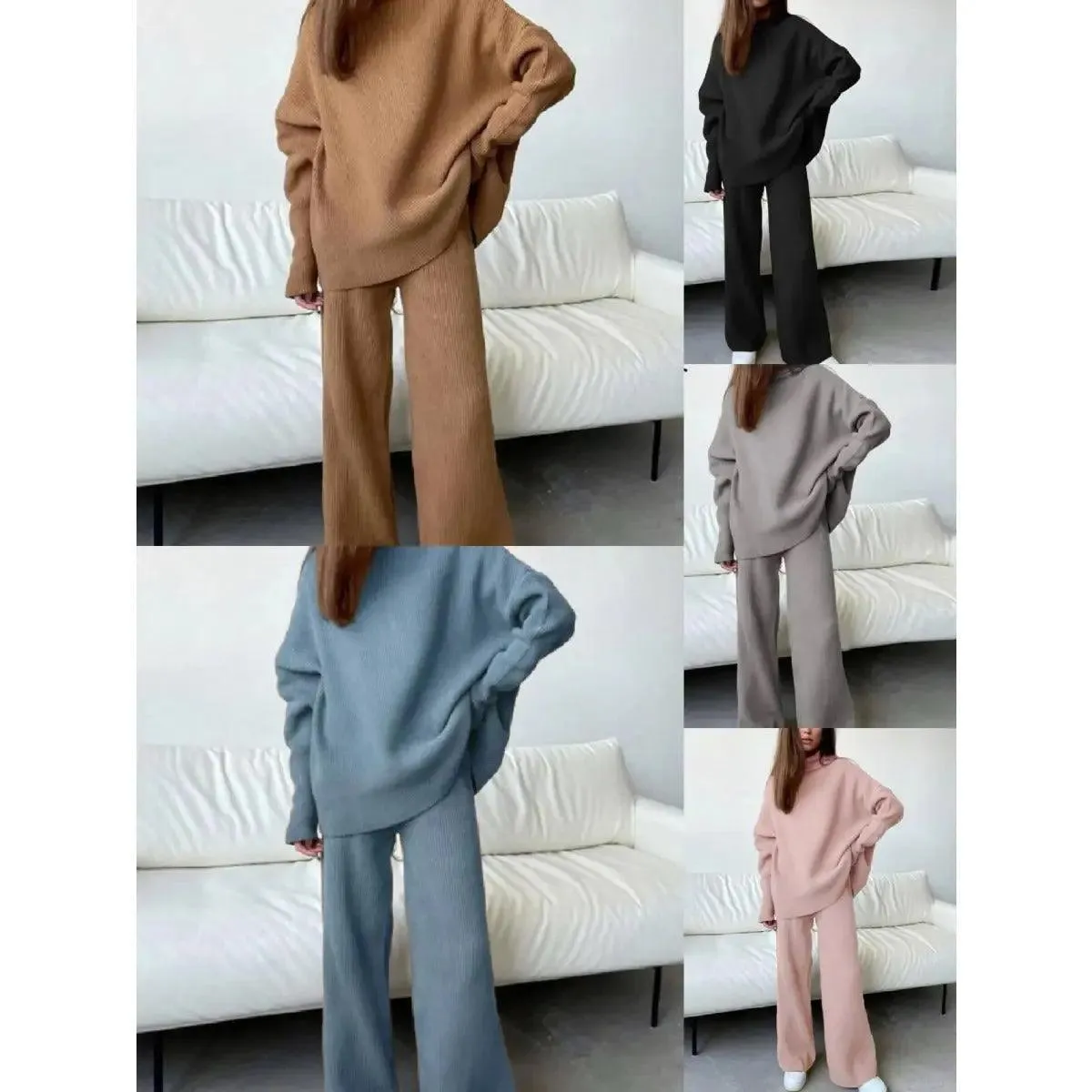 MS005 2 Piece Outfits Knitted  With  Wide Leg Pants Cozy Knit Sweatsuit Sets