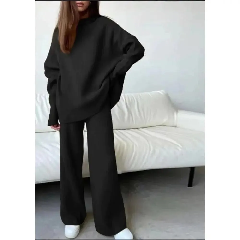 MS005 2 Piece Outfits Knitted  With  Wide Leg Pants Cozy Knit Sweatsuit Sets