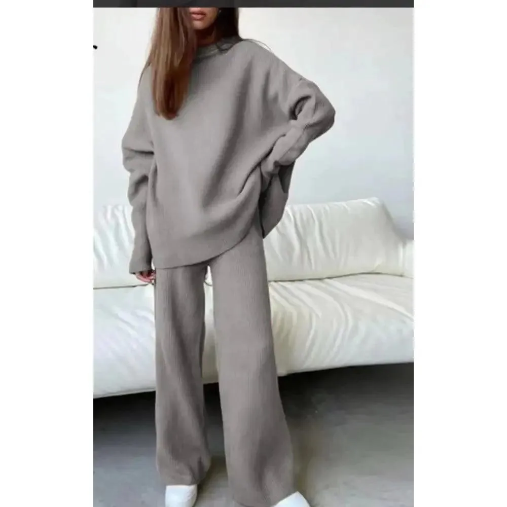 MS005 2 Piece Outfits Knitted  With  Wide Leg Pants Cozy Knit Sweatsuit Sets