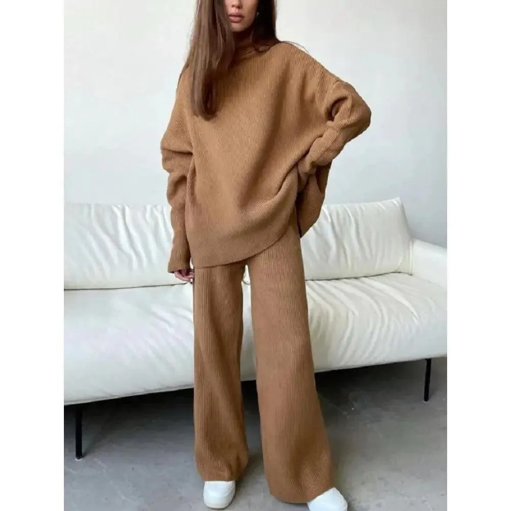 MS005 2 Piece Outfits Knitted  With  Wide Leg Pants Cozy Knit Sweatsuit Sets