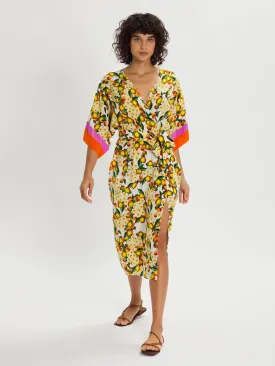 Raquel Lemon Floral Silk Midi Dress – Yellow