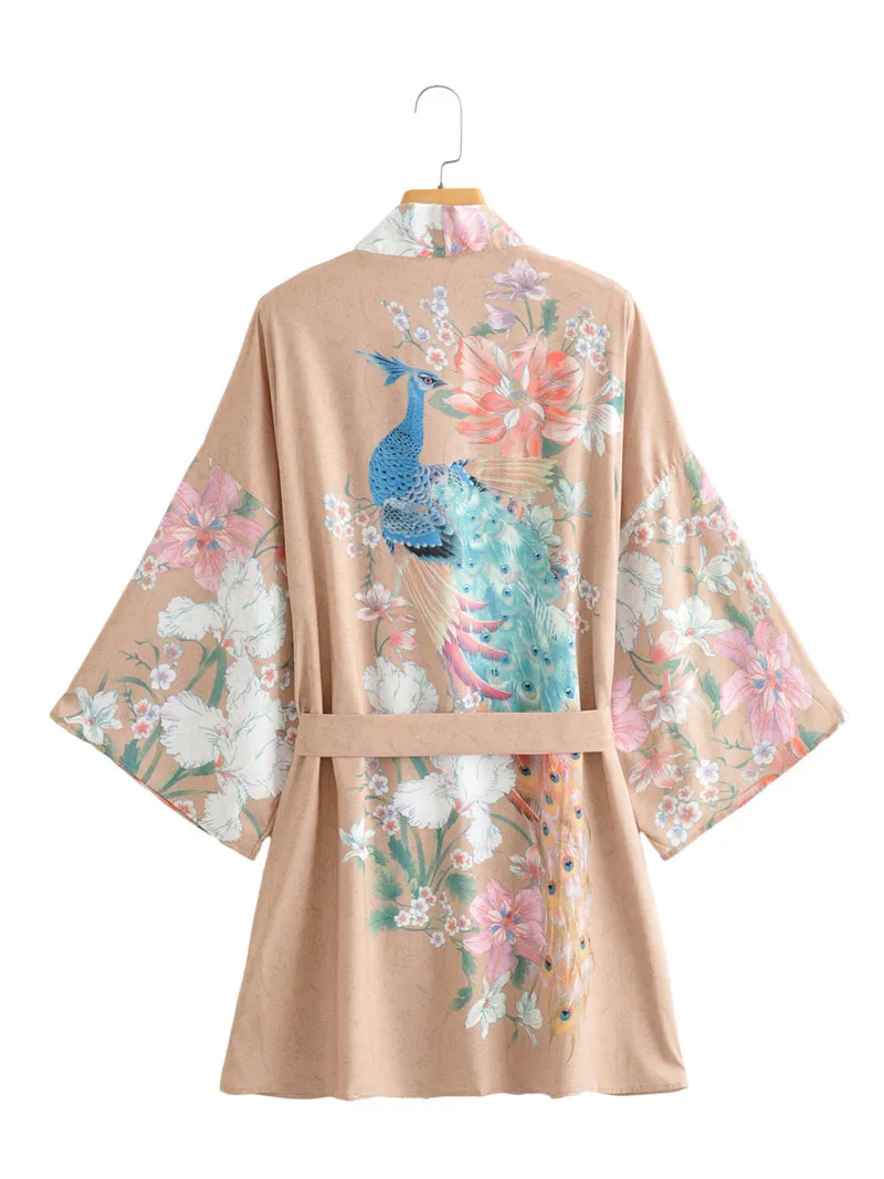 Short Length Floral   Peacock Print Khaki Color Polyester Gown Kimono Duster Robe