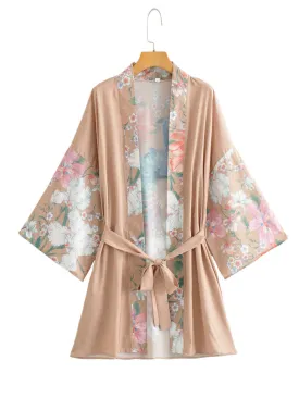 Short Length Floral   Peacock Print Khaki Color Polyester Gown Kimono Duster Robe