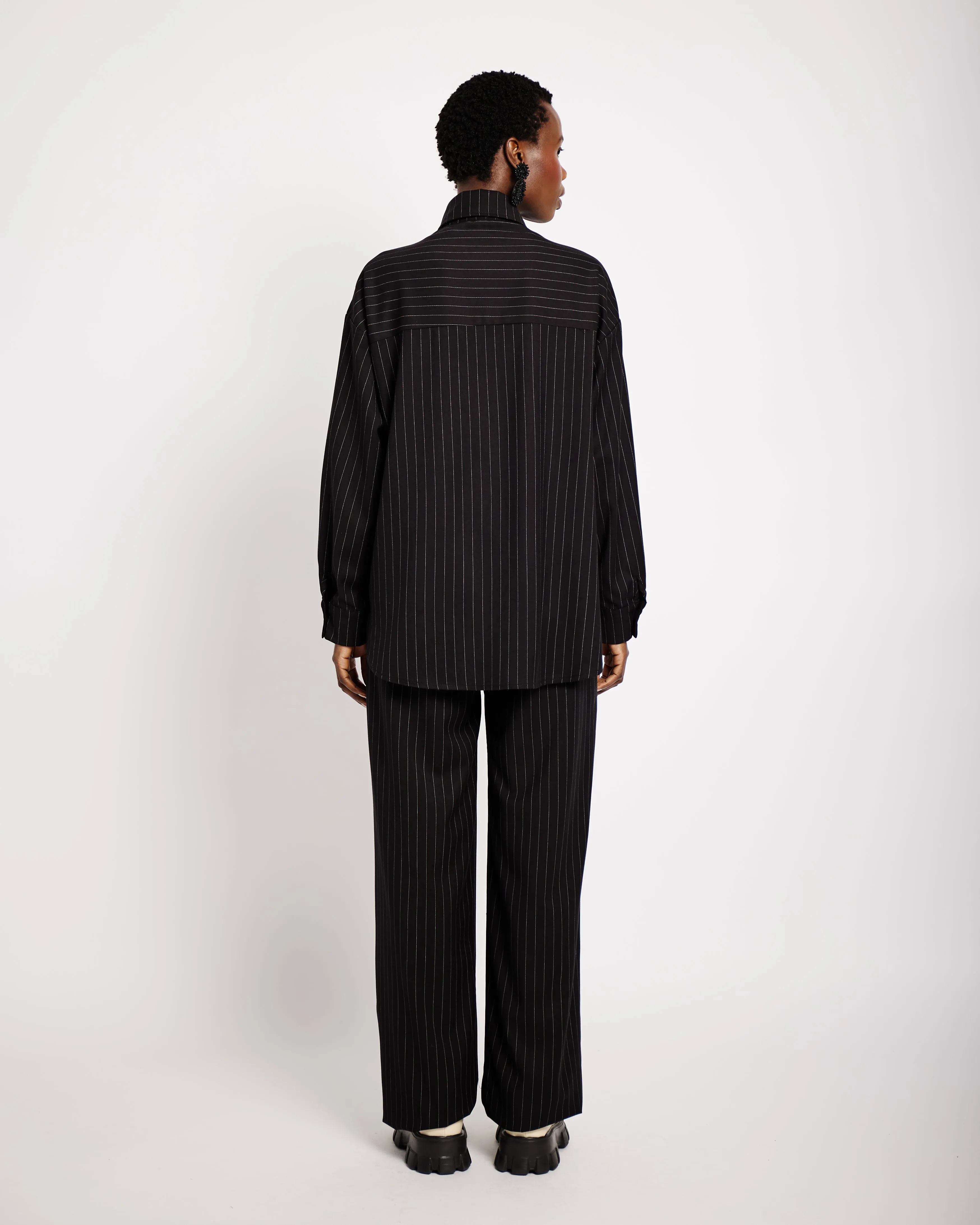 Suiting Shacket in Black Pinstripe