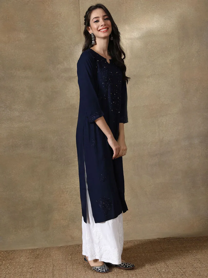 Ulfat Rayon Chikankari & Mukaish Straight Kurti