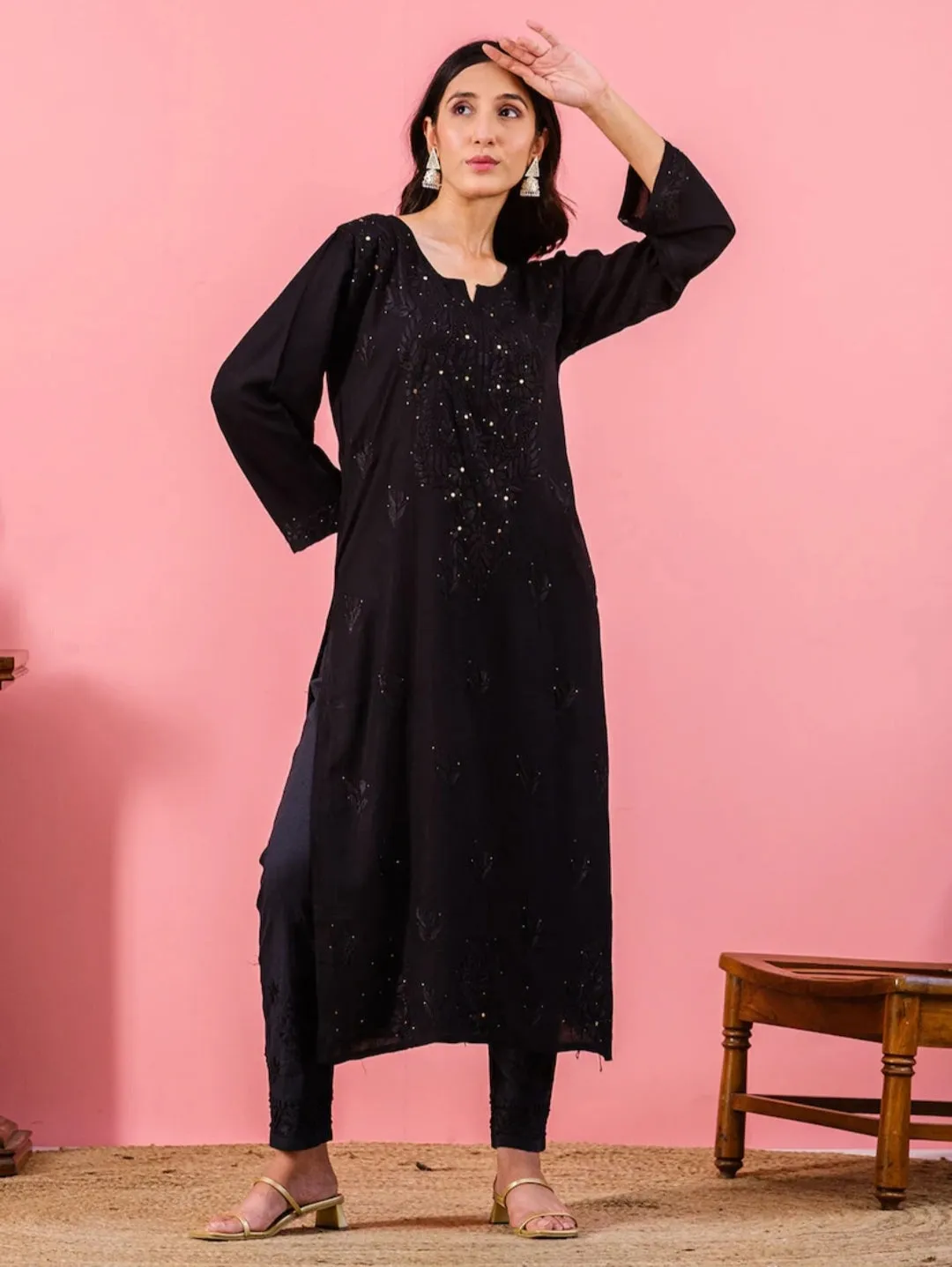 Ulfat Rayon Chikankari & Mukaish Straight Kurti